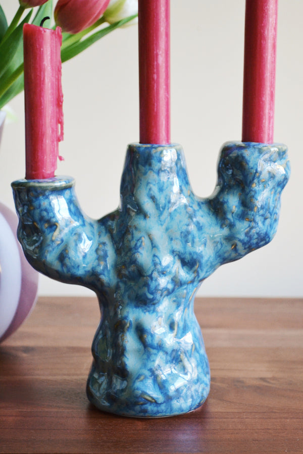 Deep Blue Three Arm Candle Holder