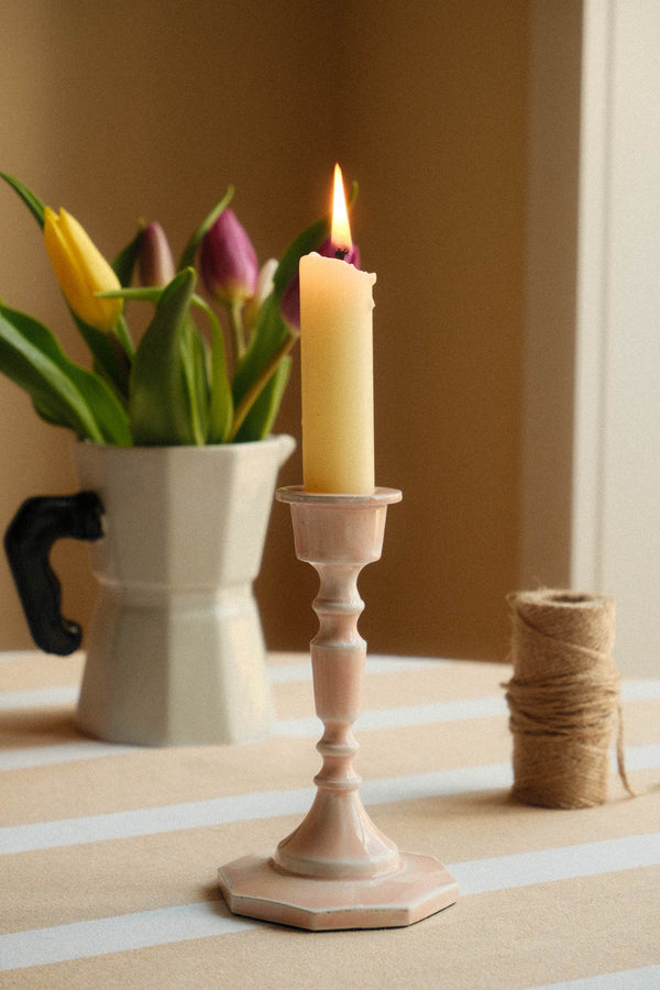 Octagonal Base Enamel Metal Candlestick Holder - Pale Pink