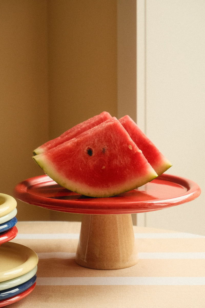 Chunky Edge Red and Sand Stoneware Cake Stand
