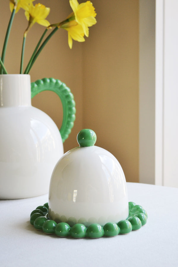 Off White Butter Dish with Green Bobble Plate