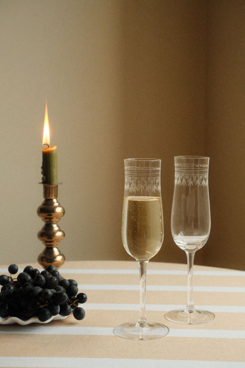 Set of Two Vintage Etched Champagne Glasses - Clear