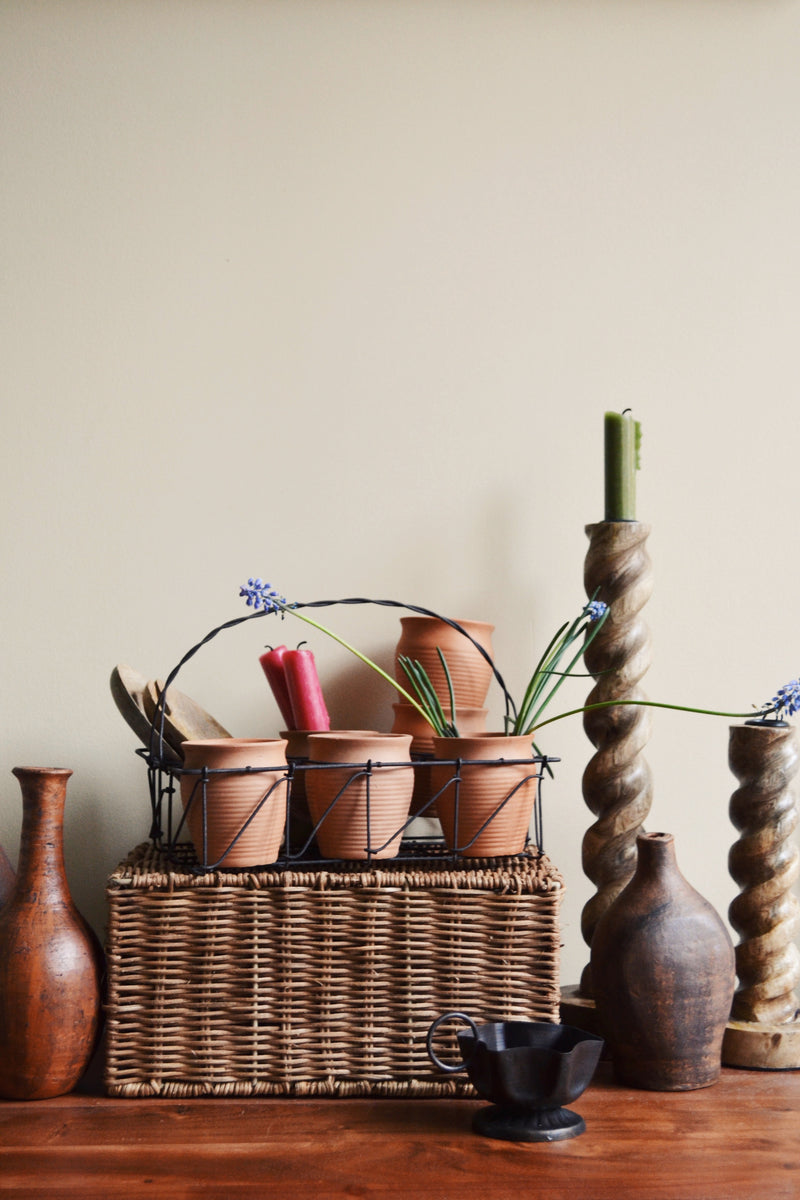 Set of Six Terracotta Pots with Iron Basket