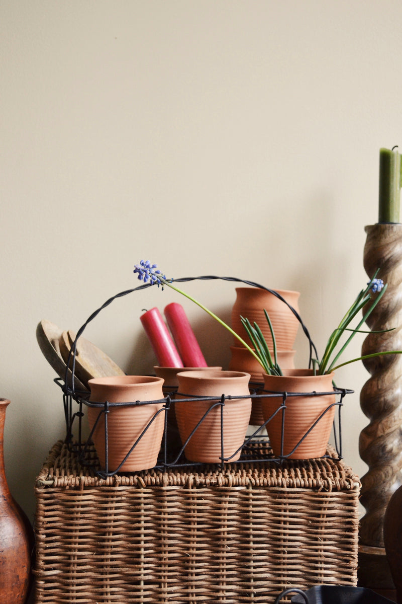 Set of Six Terracotta Pots with Iron Basket