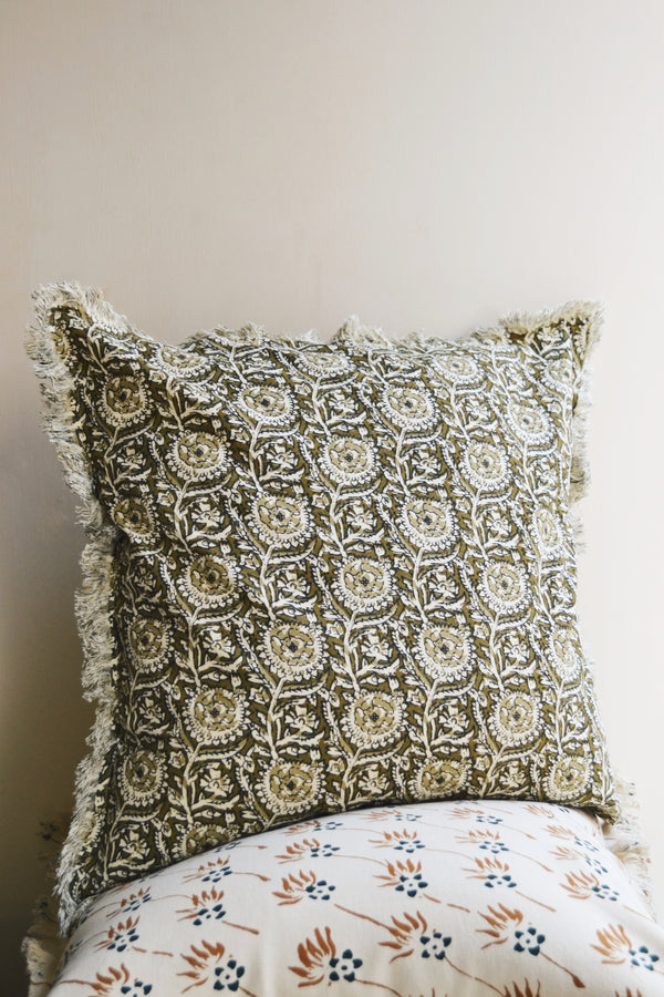 Moss Green and Off White Floral Printed Cushion
