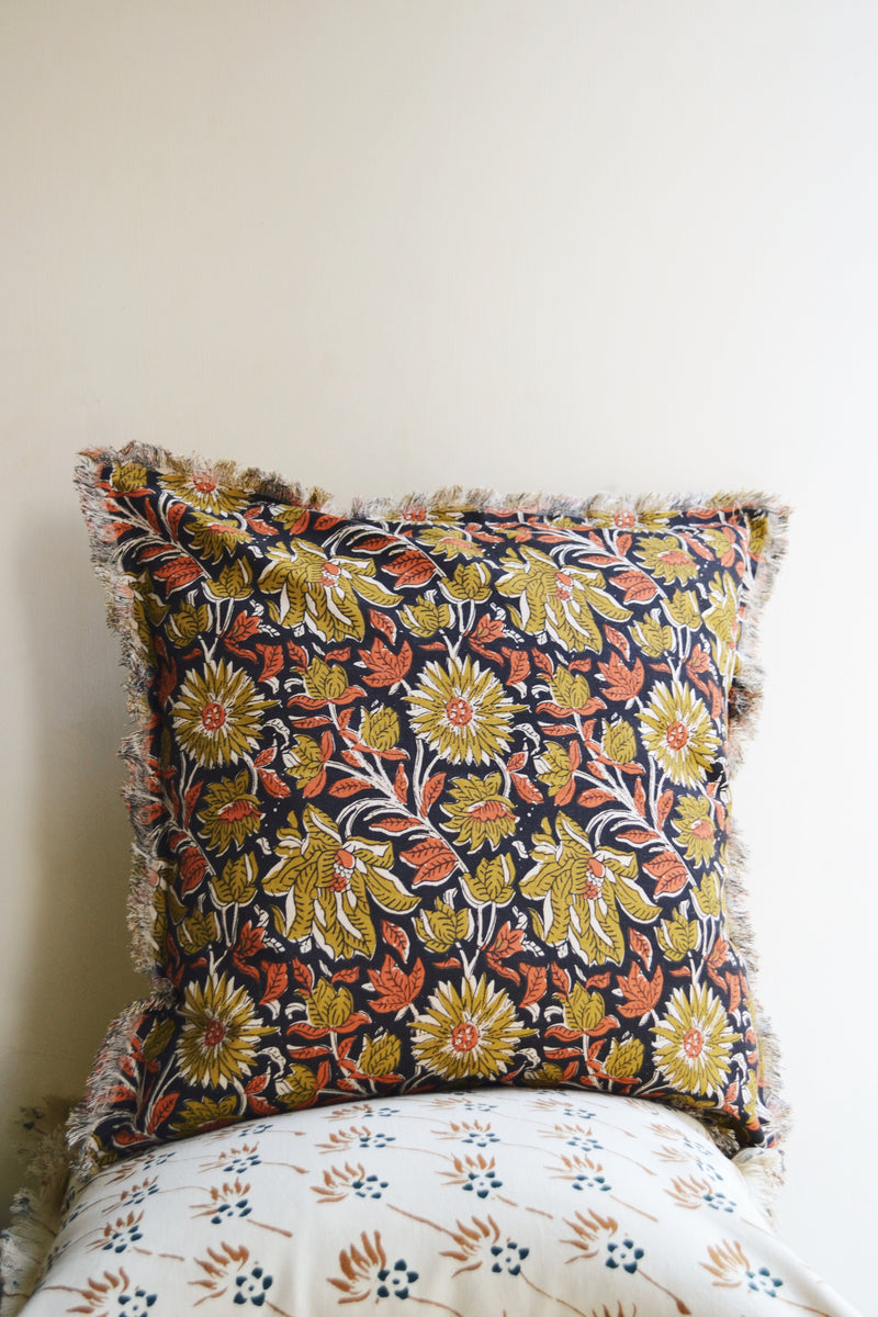 Black and Mustard Floral Patterned Cushion