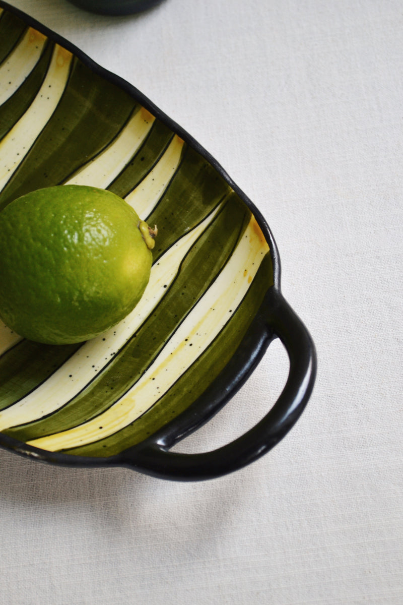 Green and Yellow Striped Serving Dish with Handles