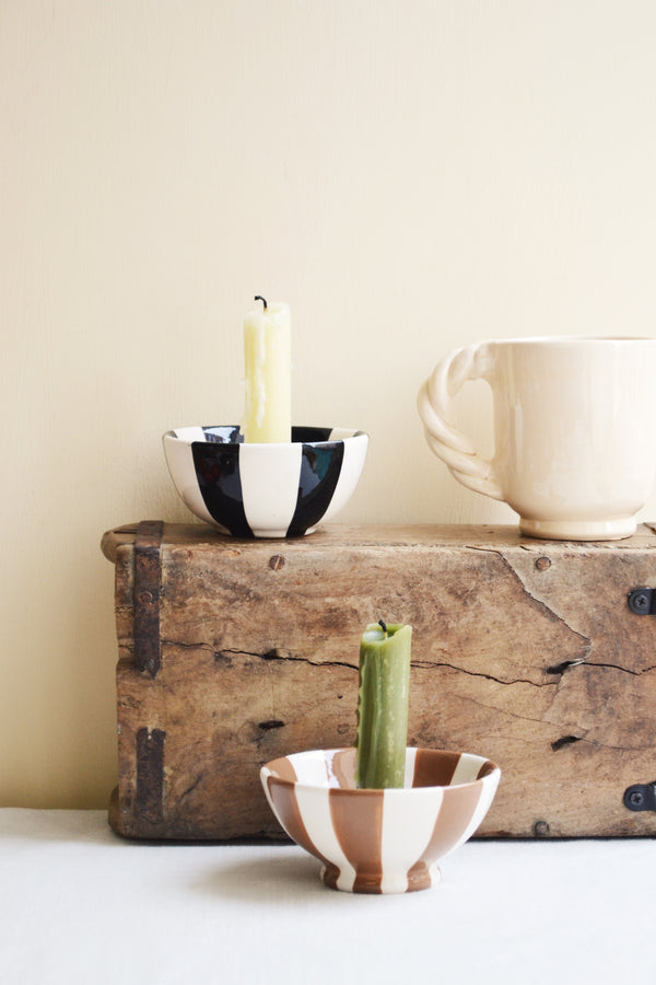 Striped Stoneware Candleholder Bowl - Two Colours Available