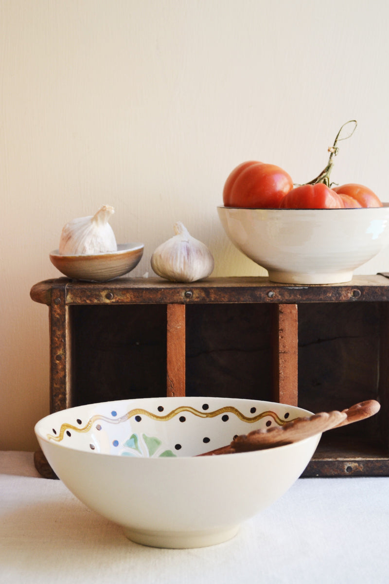 Hand Painted Cream and Green Serving Bowl