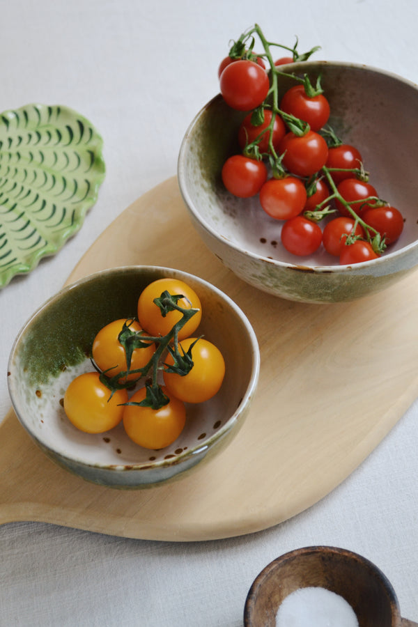 Green and Off White Stoneware Small Bowl
