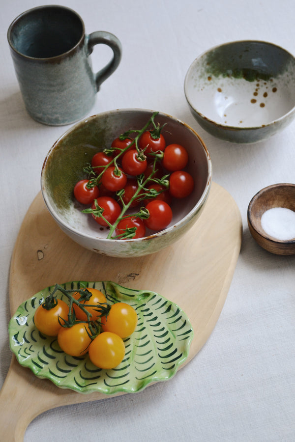 Green and Off White Stoneware Bowl
