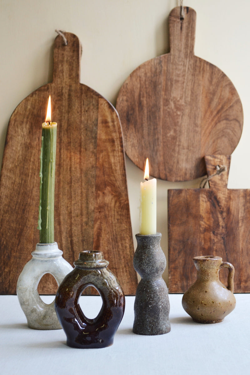 Glazed Stoneware Candle Holder - Two Colours Available