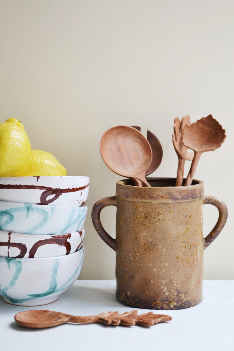 Brown Stoneware Plant Pot Utensil Jar with Handles