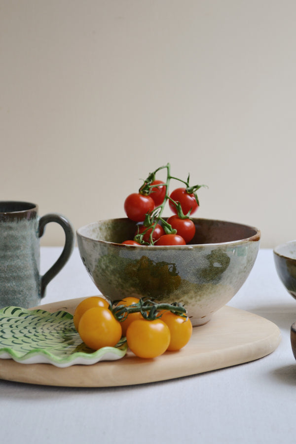 Green and Off White Stoneware Bowl