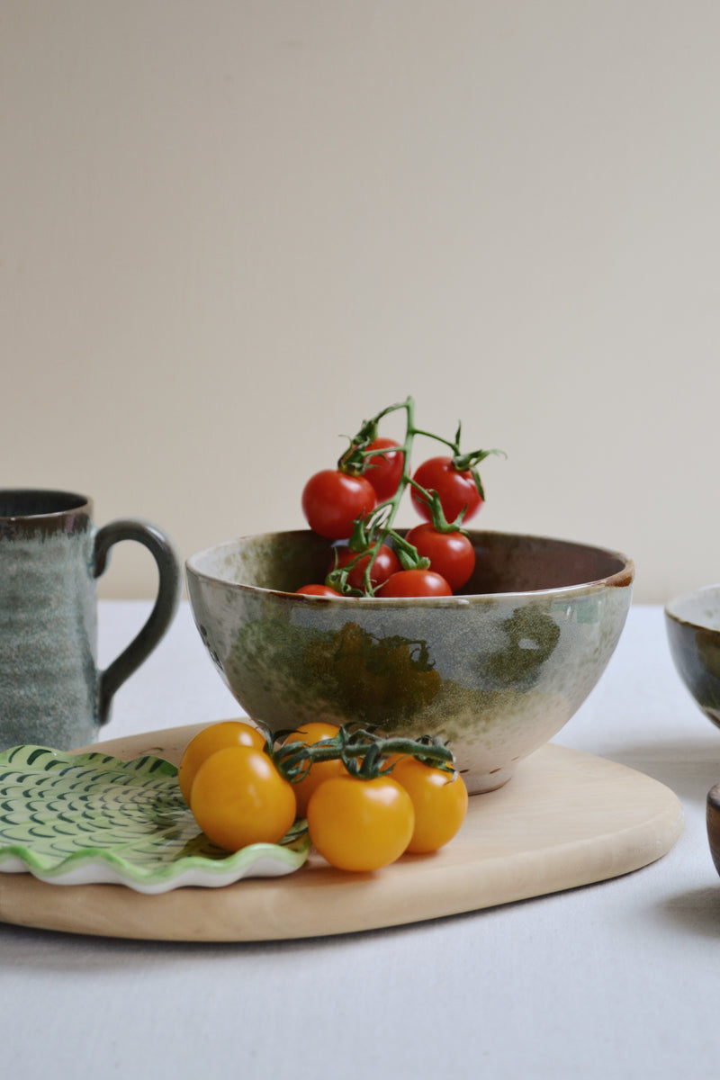 Green and Off White Stoneware Bowl