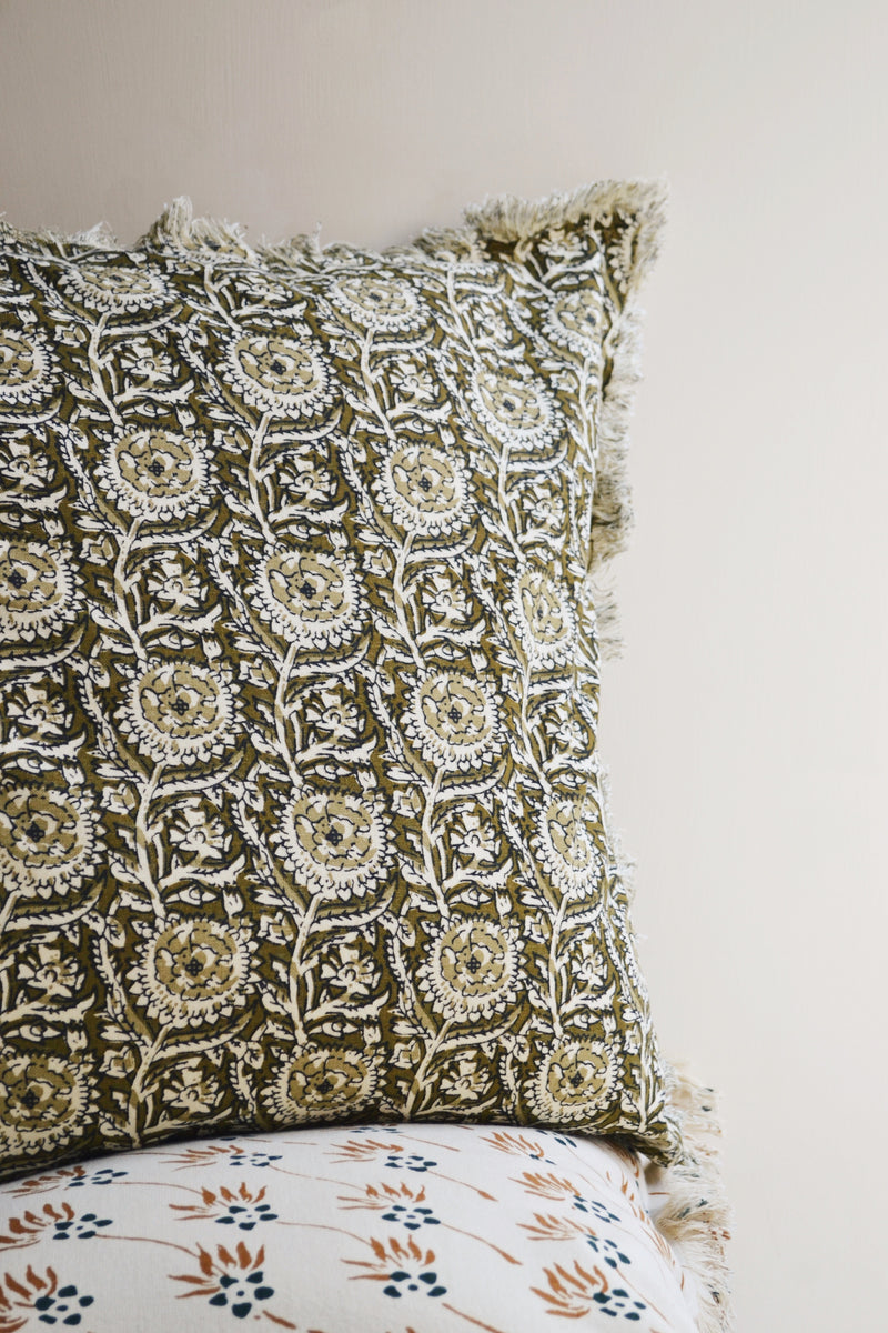 Moss Green and Off White Floral Printed Cushion