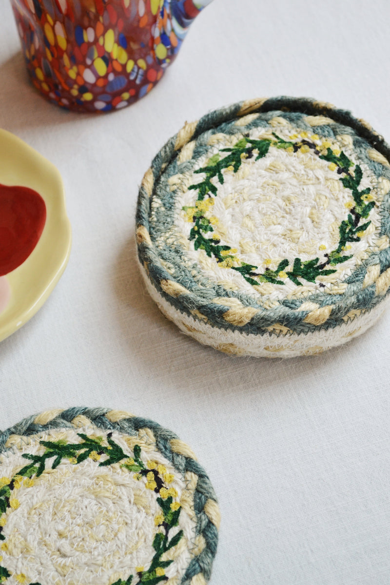Set of Six Mimosa Patterned Jute Coasters