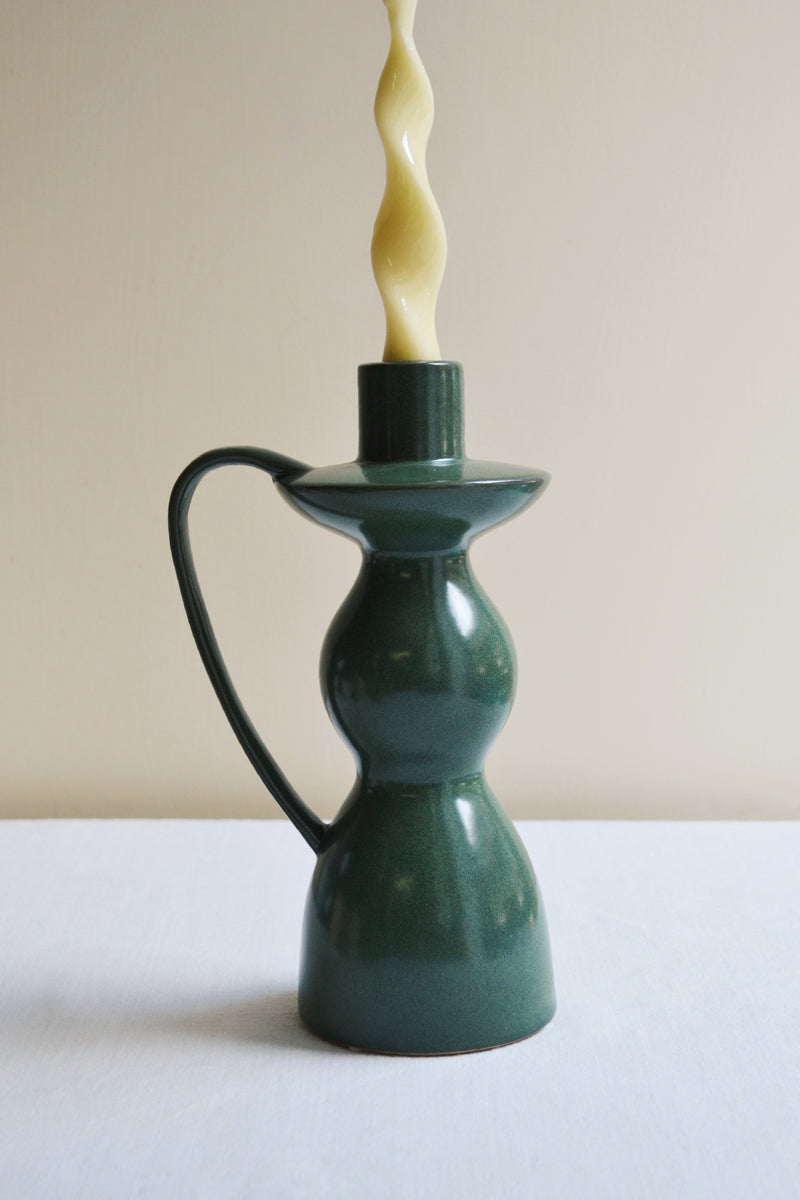 Green Stoneware Candlestick Holder with Handle - Three Sizes Available