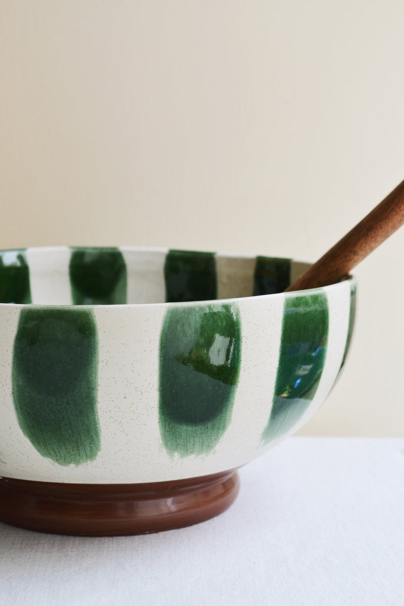 Green Striped Serving Bowl