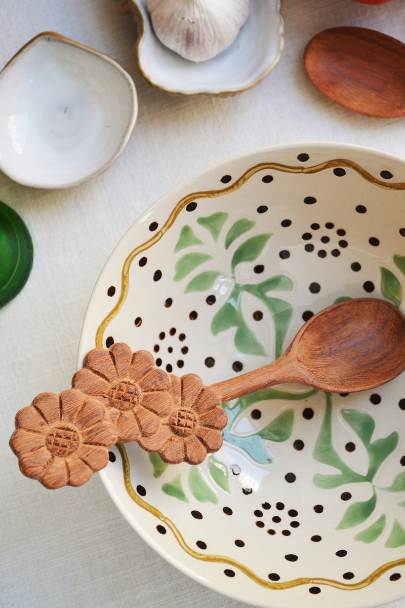 Hand Painted Cream and Green Serving Bowl