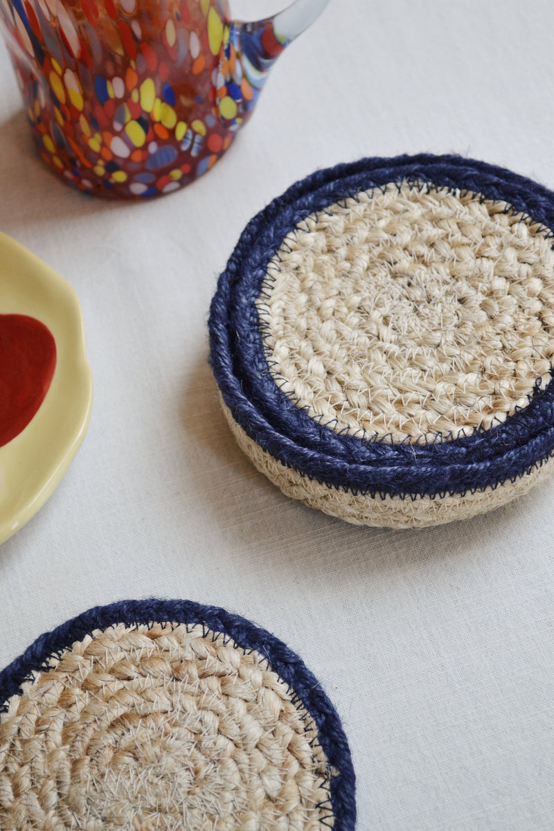 Set of Six Jute Dark Blue Coasters