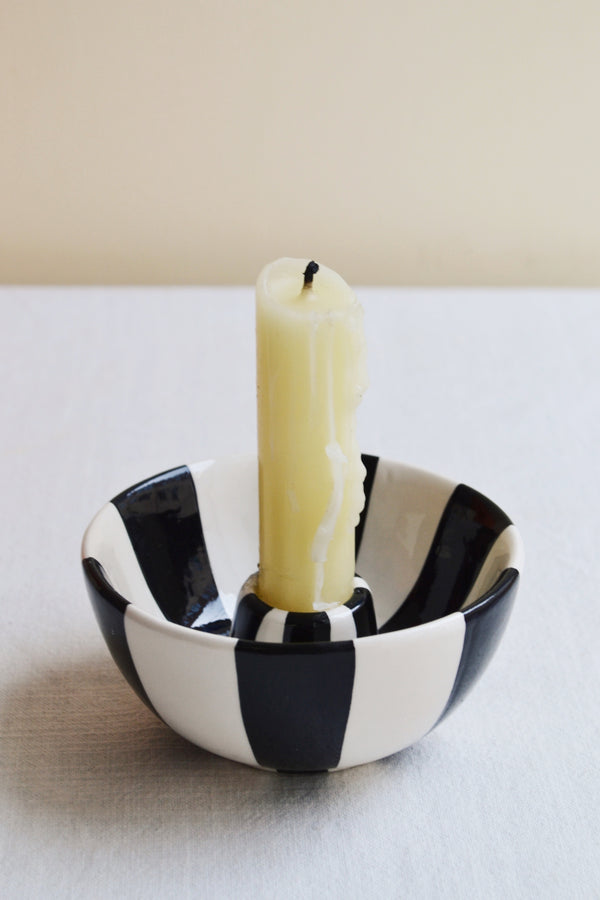 Striped Stoneware Candleholder Bowl - Two Colours Available