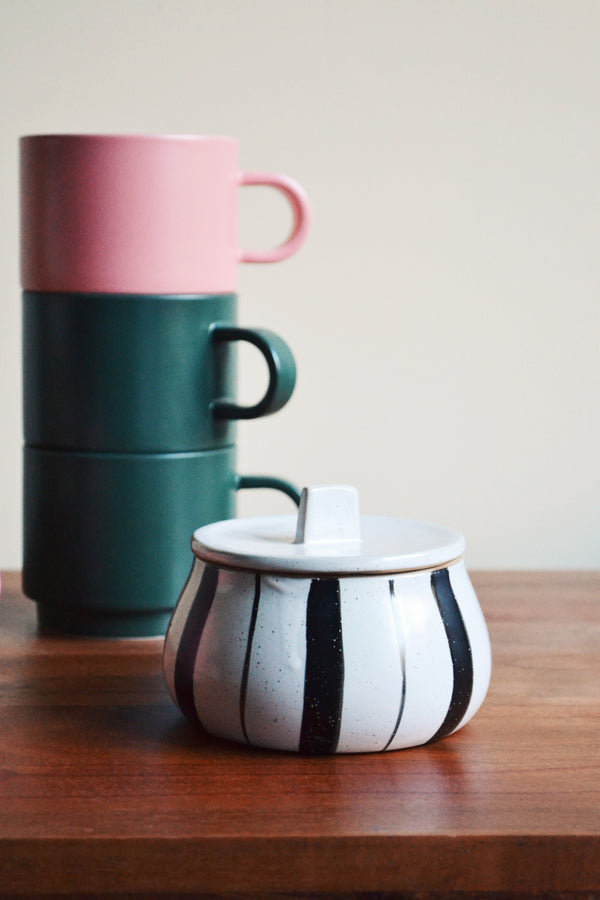Black and White Striped Stoneware Jar