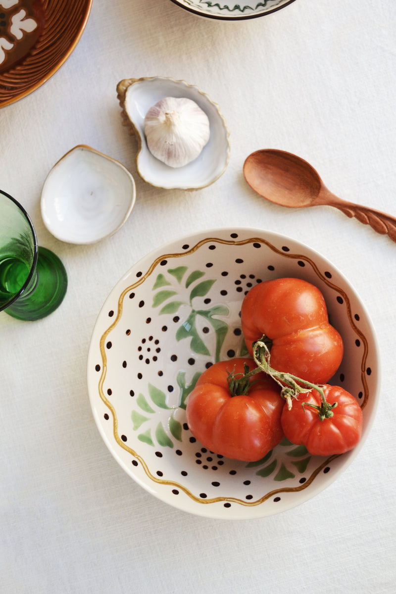 Hand Painted Cream and Green Serving Bowl