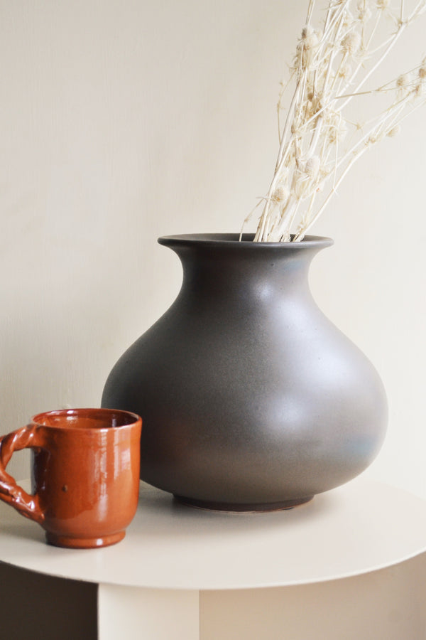 Large Green / Grey Bulb Earthenware Vase