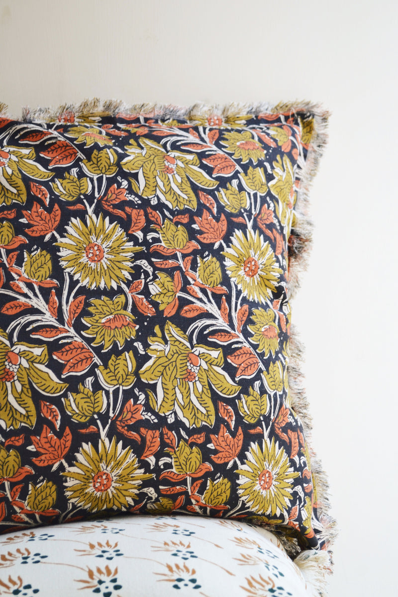 Black and Mustard Floral Patterned Cushion