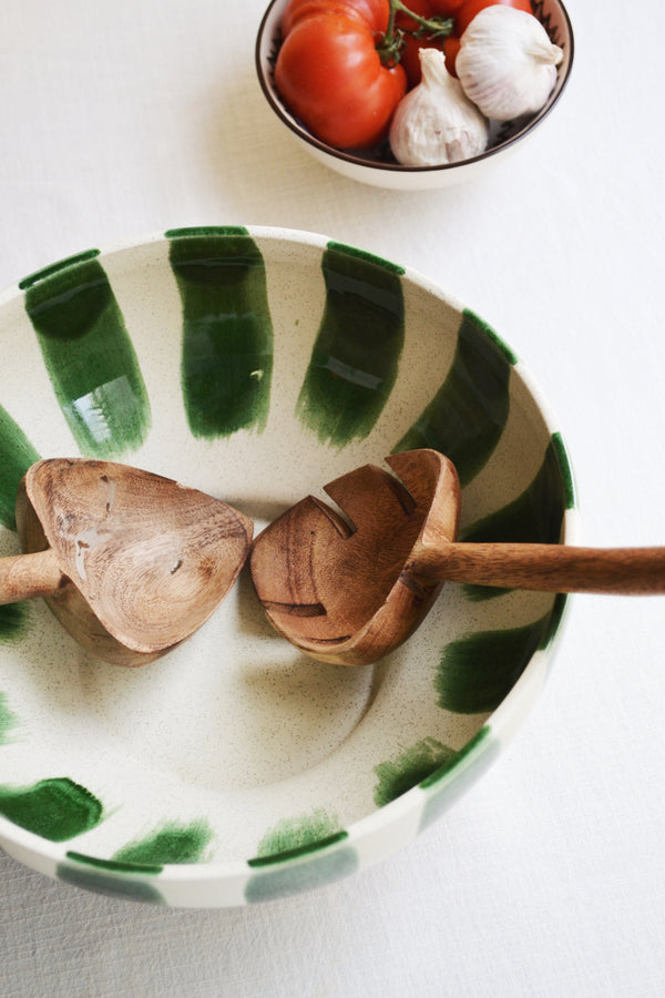 Green Striped Serving Bowl