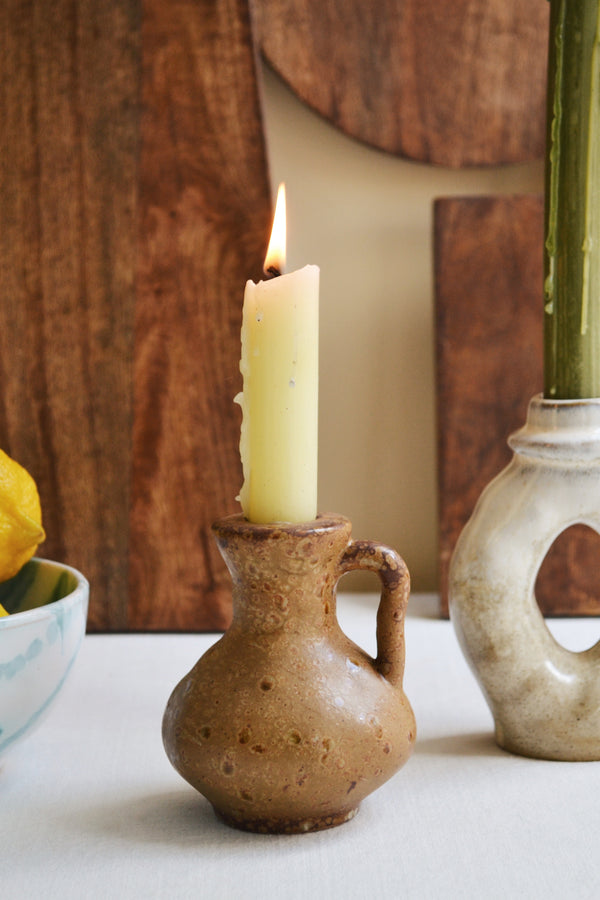 Mustard Stoneware Candle Holder with Handle