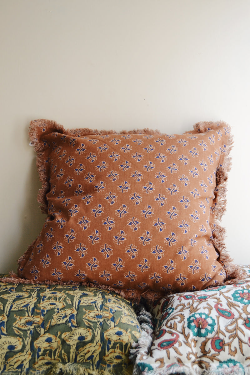 Hazelnut and Blue Floral Patterned Cushion
