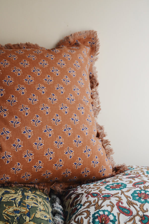 Hazelnut and Blue Floral Patterned Cushion