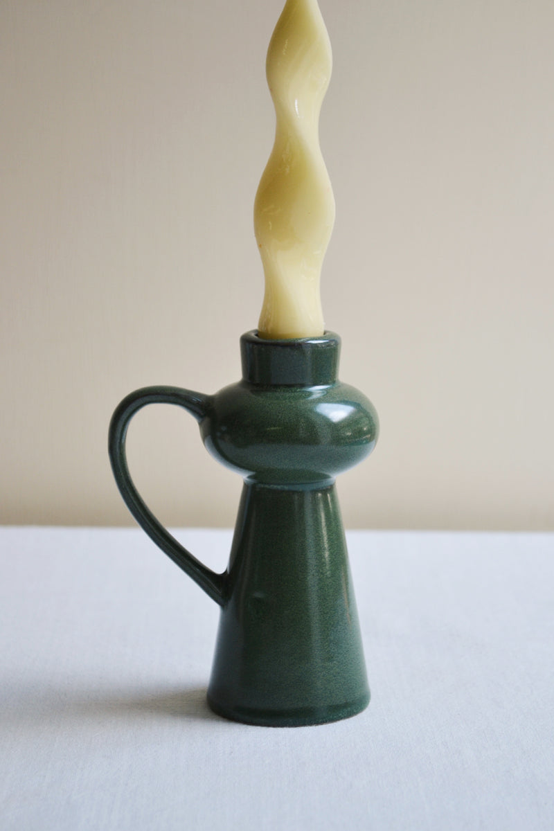 Green Stoneware Candlestick Holder with Handle - Three Sizes Available