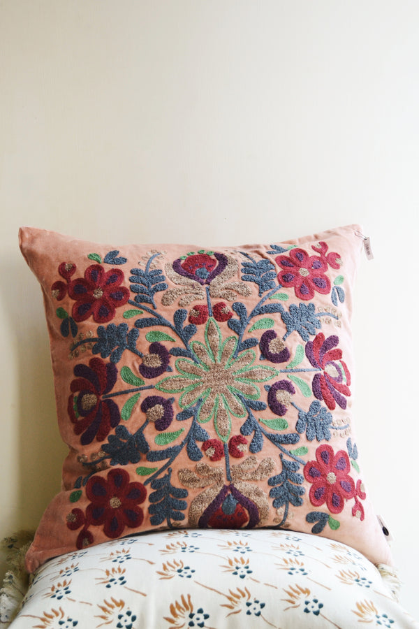 Peach Embroidered Velvet Cushion