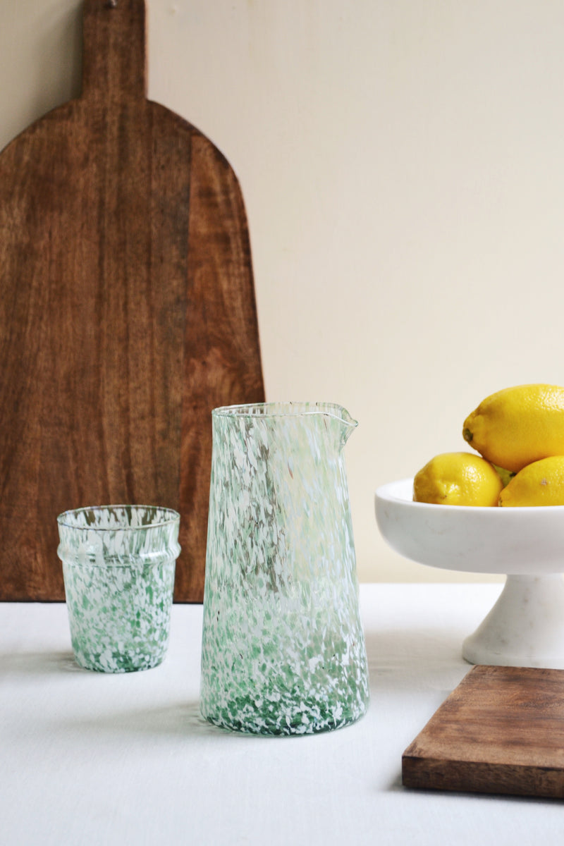 Green and White Speckled Glass Jug