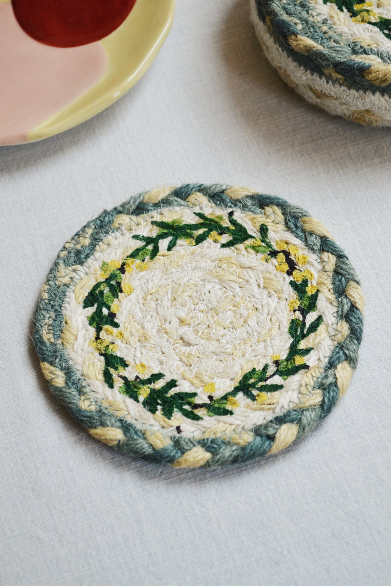 Set of Six Mimosa Patterned Jute Coasters