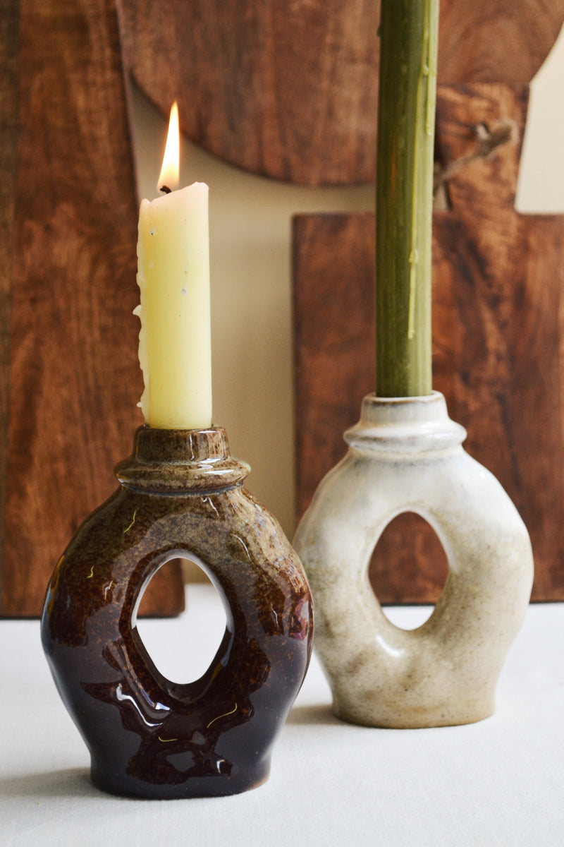 Glazed Stoneware Candle Holder - Two Colours Available