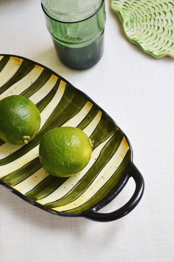 Green and Yellow Striped Serving Dish with Handles