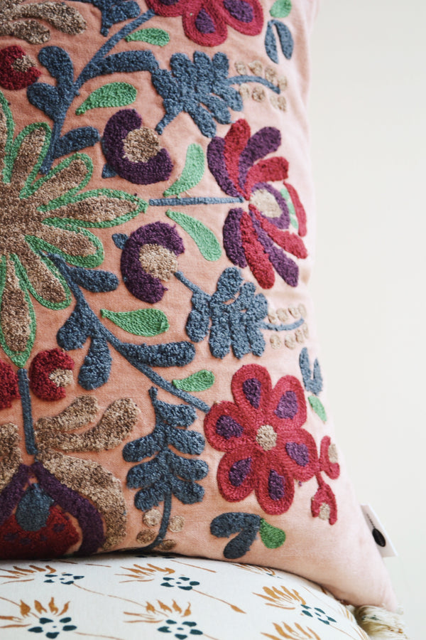 Peach Embroidered Velvet Cushion