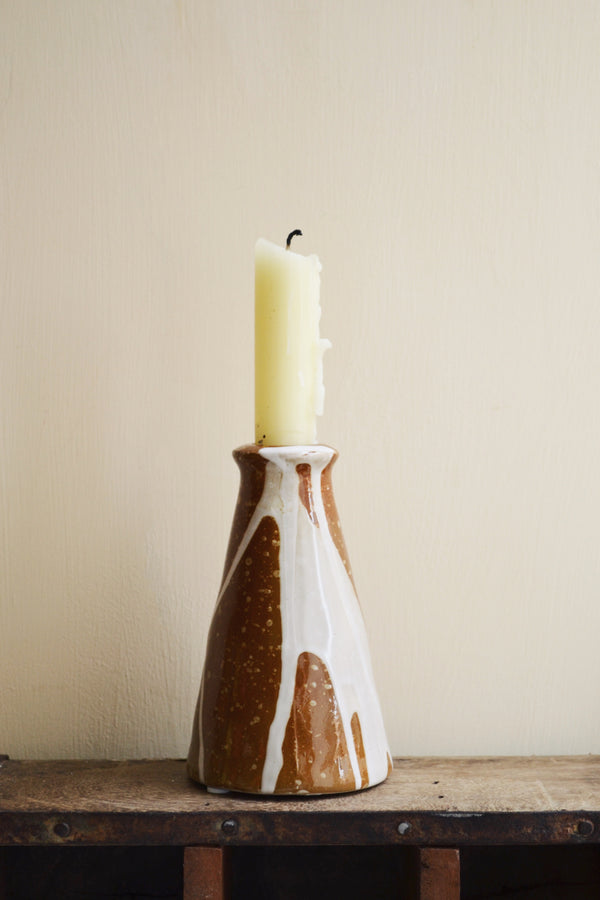 Brown and White Glazed Candlestick Holder