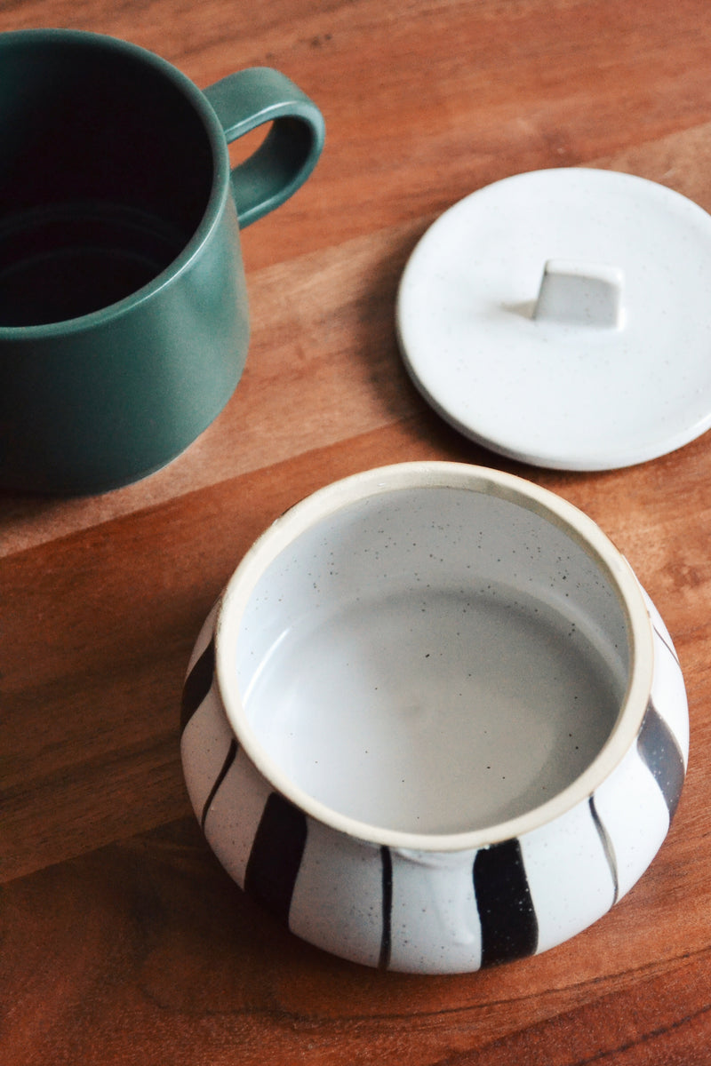 Black and White Striped Stoneware Jar