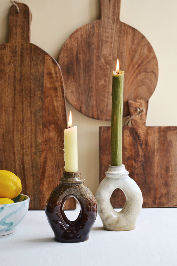 Glazed Stoneware Candle Holder - Two Colours Available