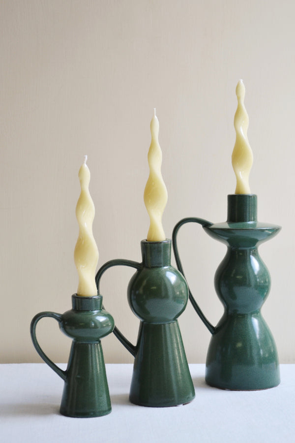 Green Stoneware Candlestick Holder with Handle - Three Sizes Available
