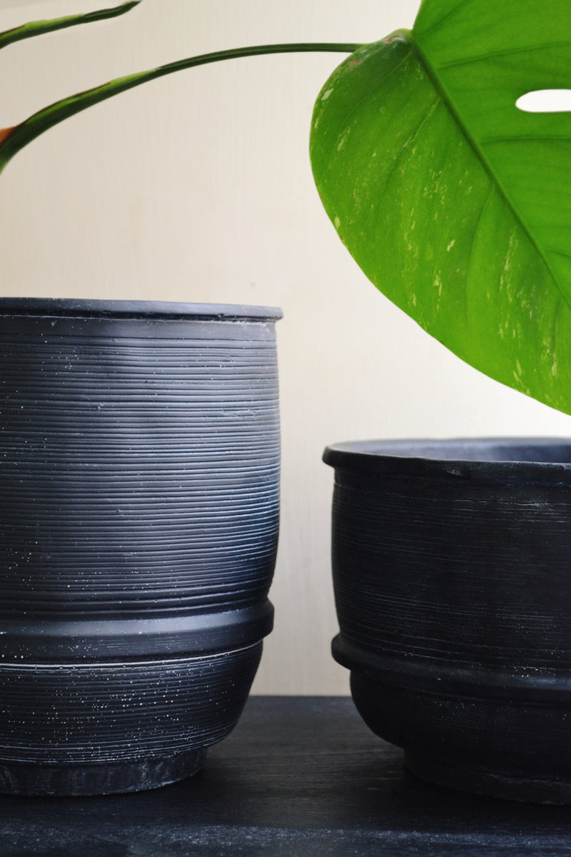 Dark Grey / Black Lined Concrete Planter - Two Sizes Available