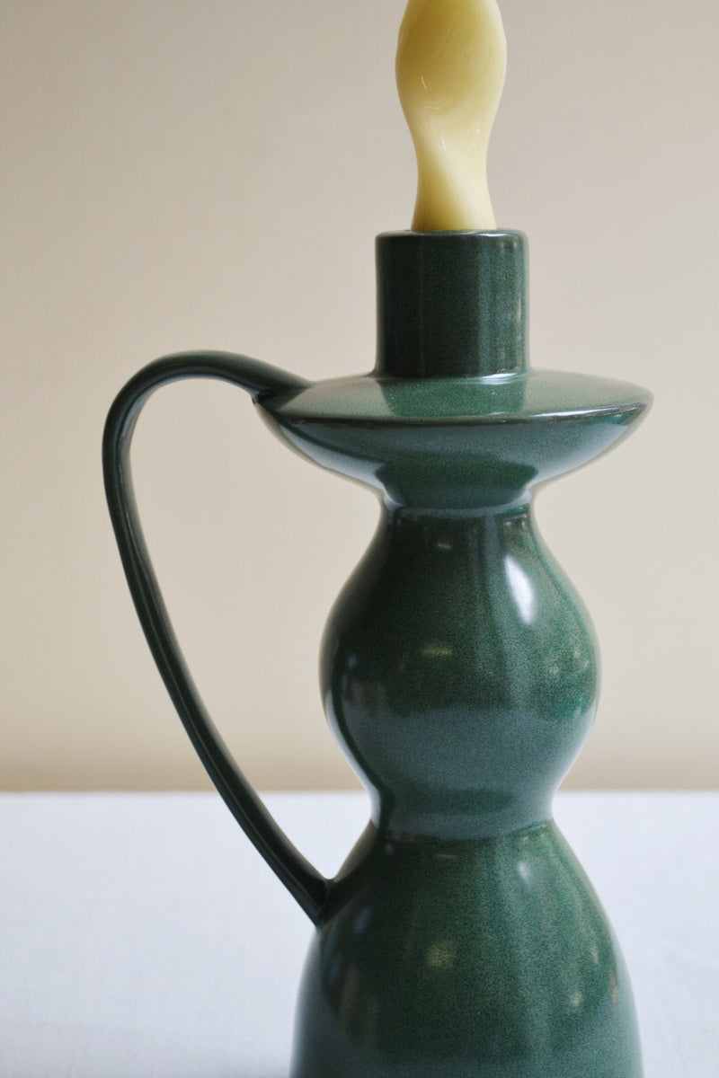Green Stoneware Candlestick Holder with Handle - Three Sizes Available
