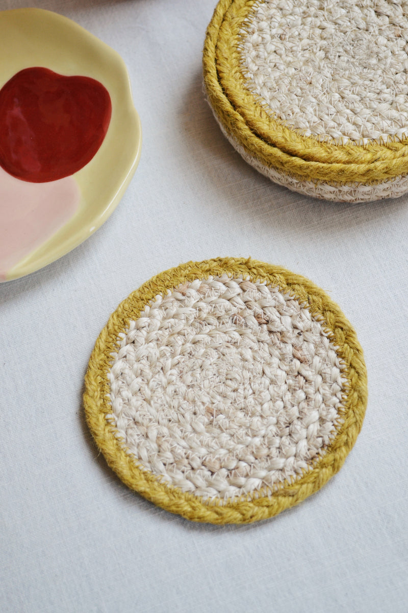 Set of Six Jute Yellow Coasters