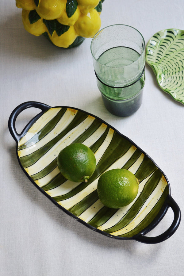 Green and Yellow Striped Serving Dish with Handles