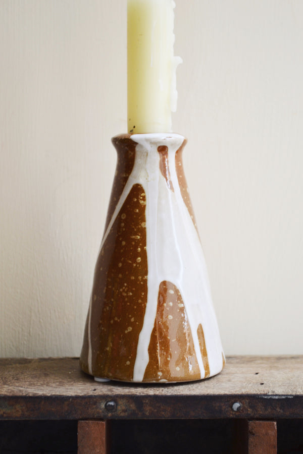 Brown and White Glazed Candlestick Holder