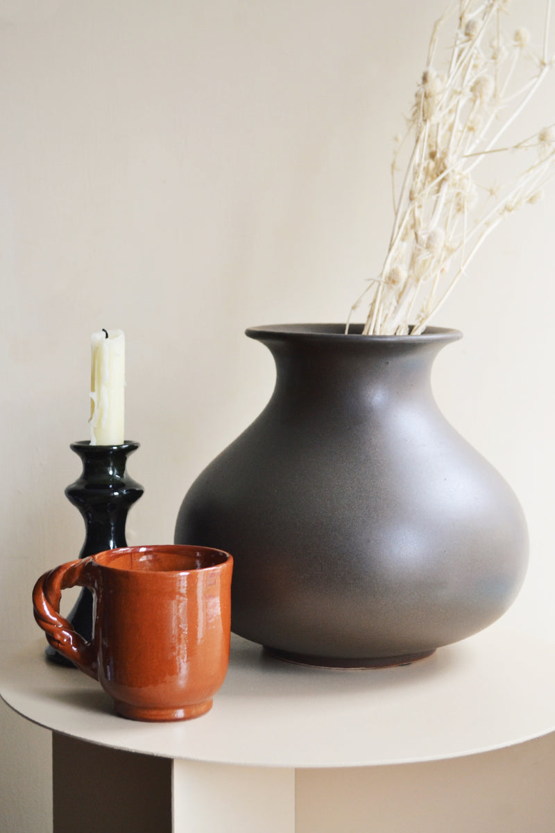 Large Green / Grey Bulb Earthenware Vase